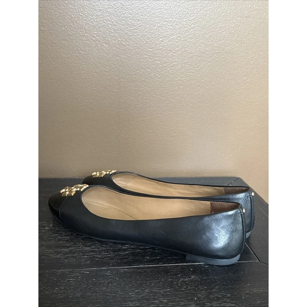 Tory Burch Everly Cap Toe Black Leather Gold Logo Ballet Flats Shoes 10.5
